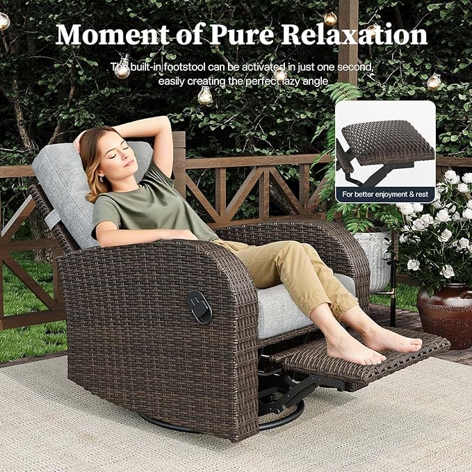 Outdoor Wicker Recliner Chair High Back Patio 360°Swivel Reclining Lounge Chair with 6-Inch Thick Cushion