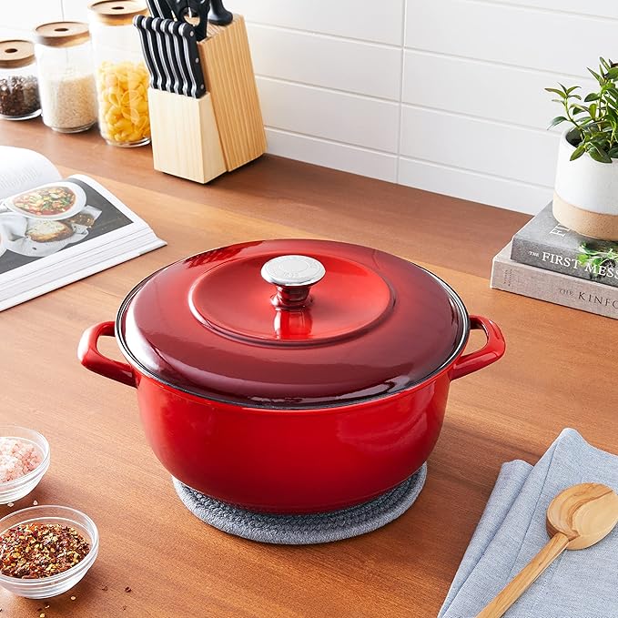 Merten & Storck 7QT Round Dutch Oven Casserole Pot with Lid, European Crafted Enameled Iron Stockpot, Induction & All Cooktops, Braising, Stews, Roasting, Slow Cooking, Sourdough, Foundry Red
