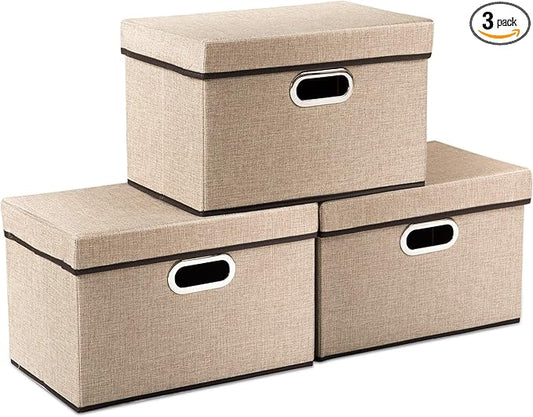 PRANDOM Collapsible Storage Cubes with Lids [3-Pack] Jute Fabric Foldable Storage Boxes Organizer Containers Baskets Bins with Cover for Home Bedroom Closet Office Nursery (14.9x9.8x9.8)
