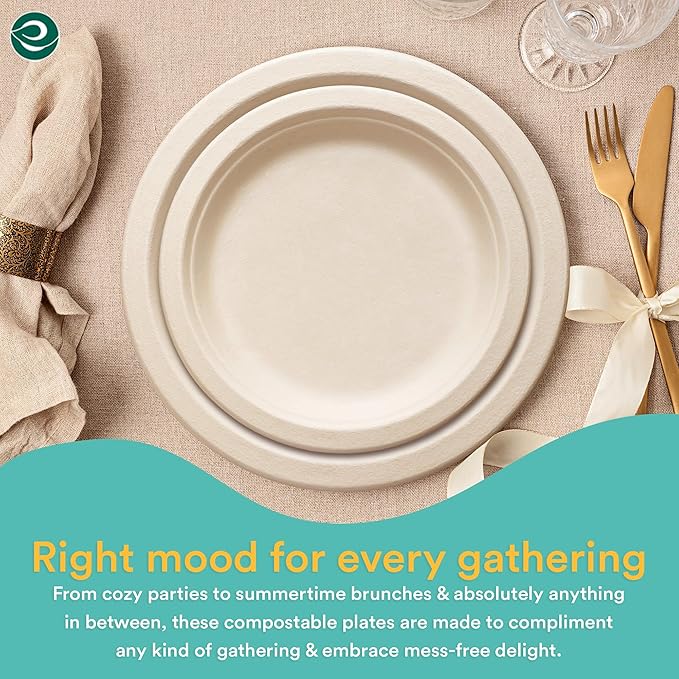 ECO SOUL 100% Compostable 9 Inch Paper Plates 1000 [8x125 Pc] Disposable Heavy Duty Eco-Friendly Sturdy Dinner, Wedding, Event Plates I Biodegradable Unbleached Sugarcane Eco Plates