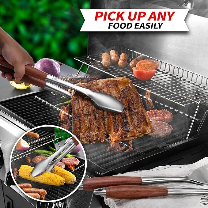 Heavy-Duty Rose Wooden BBQ Grilling Tools Set. Extra Thick Stainless Steel Multi-Function Spatula, Fork & Tongs | Essential Accessories for Barbecue & Grill. Ideal Gift for Father…