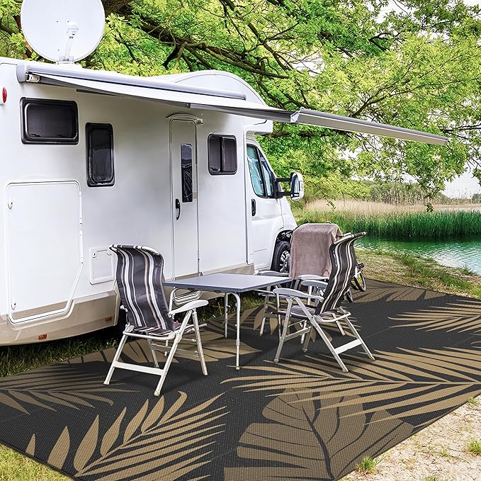 GENIMO Outdoor Rug 9' x 18' Waterproof for Patios Clearance, Reversible Outdoor Plastic Straw Camping Rug Carpet, Large Area Rugs Mats for RV, Camper, Deck, Balcony, Porch, Beach, Picnic, Black&Brown