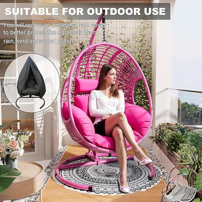 Oversized Hanging Egg Chair Outdoor Indoor, Wicker Swing Egg Chair with Stand 400lbs Capacity for Bedroom, Patio, Garden and Balcony (Pink-Regular, Oversize)