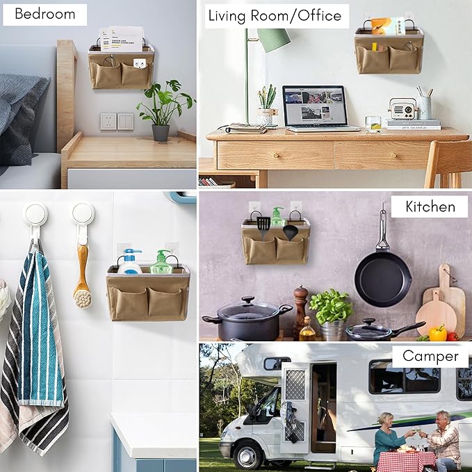 3pcs Middle Wall Hanging Organizer Bag, Linen Fabric Door Hanging Storage Basket with Pockets, Waterproof Bin for Kitchen, Bedroom, Office, RV Camper (Khaki)