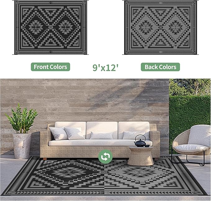 GENIMO Outdoor Rug for Patio Clearance, 9x12 ft Waterproof Mat,Reversible Plastic Camping Rugs, Rv, Porch, Deck, Camper, Balcony, Backyard, Black and Grey