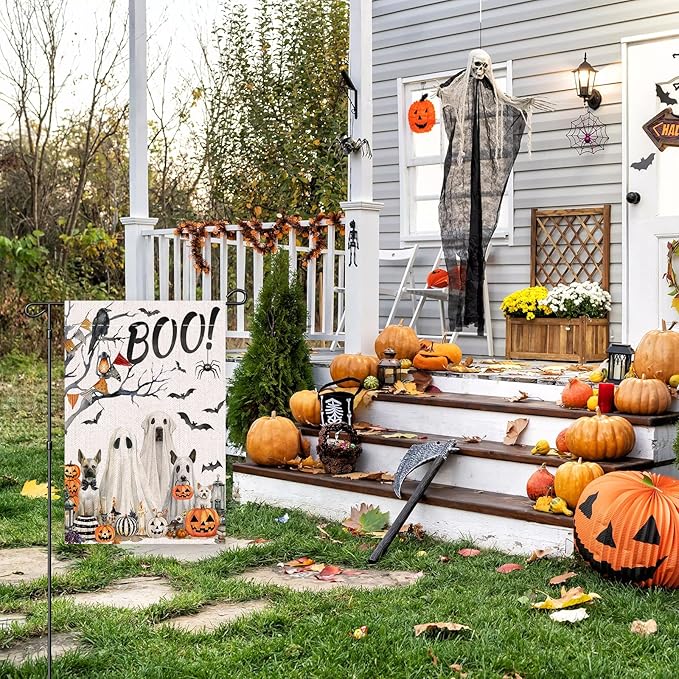 Halloween Boo Garden Flag 12x18 Inche Double Sided, Scary Spooky Dog Ghost Bat Pumpkins Autumn Burlap Garden Flags for Halloween Themed Party Farmhouse Holiday Seasonal Decor