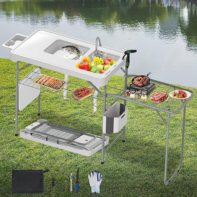 Dragosum Fish Cleaning Table, Portable Folding Camping Table with Folding Grill Extension Board, Fish Cleaning Station with Dual Sinks, Hose Hook Up