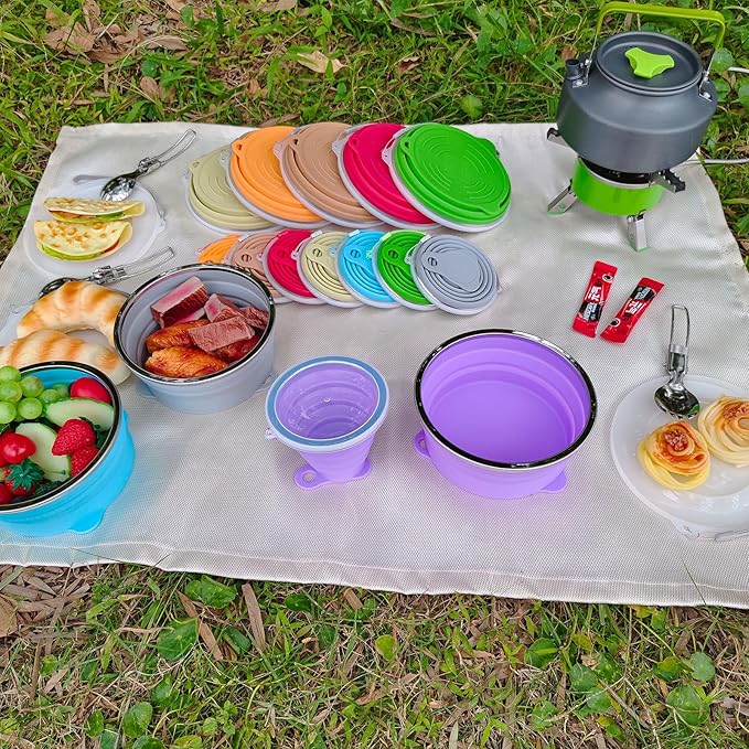 Mess Kit for Camping Silicone Collapsible Bowl Collapsible Cup and Stainless Steel Spoon for Backpacking Outdoor Hiking Traveling and Picnic - 2 Pack