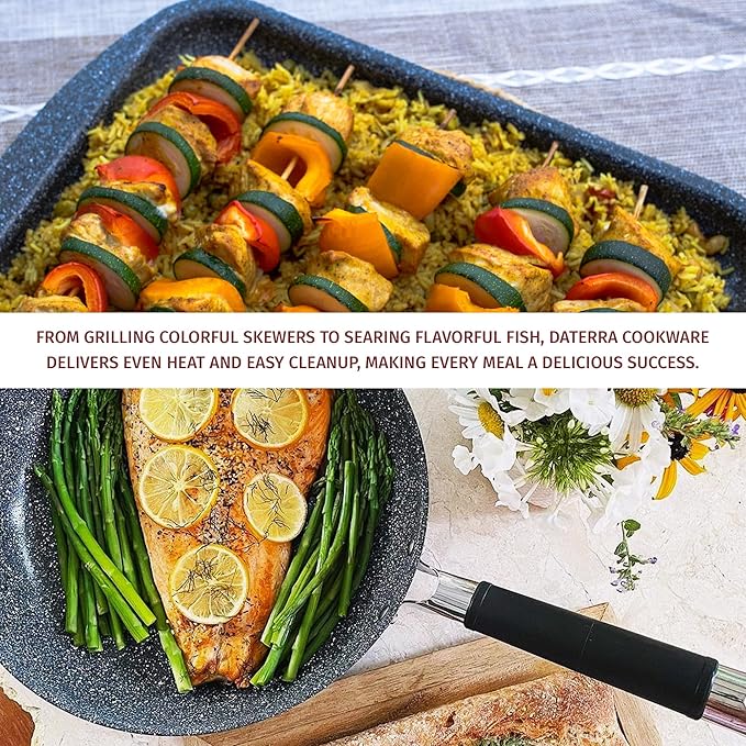 DaTerra Cucina 9.5" Non-stick Ceramic Fry Pan & Twin Baking Sheets Set – Oven Proof, Ideal for Frying, Sautéing, Roasting, and Baking, Made in Italy, Volcanic Black Speckled Design Kitchenware