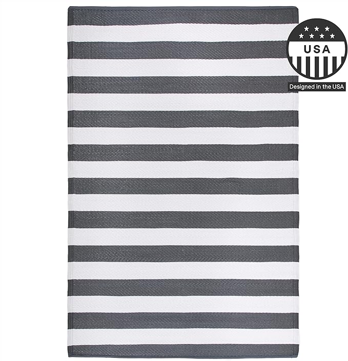 FH Home Outdoor Rug - Waterproof, Fade Resistant, Crease-Free - Premium Recycled Plastic - Geometric - Patio, Porch, Deck, Balcony - Brittany Stripe - Gray & White - 5 x 8 ft