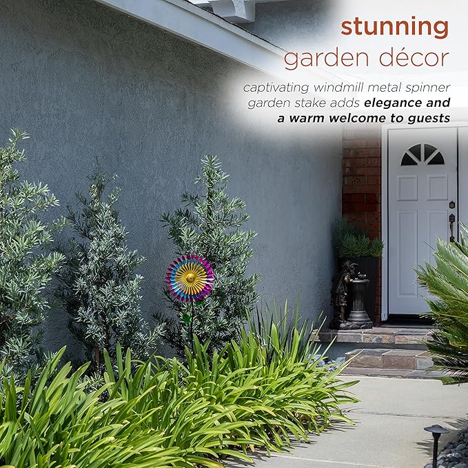 Alpine Corporation 47" Tall Outdoor Metal Windmill Triple Spinner Garden Stake Yard Decoration, Daisy