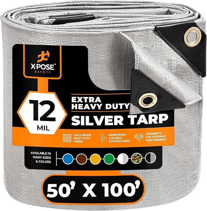 Heavy Duty Silver Poly Tarp 50' X 100' - Multipurpose Protective Cover - Durable, Waterproof, Weather Proof, Rip and Tear Resistant - Extra Thick 12 Mil Polyethylene - by Xpose Safety