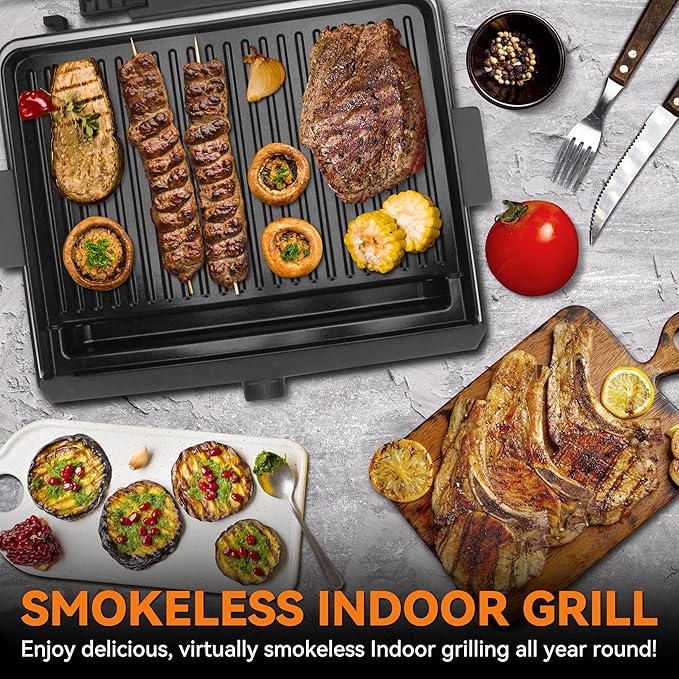 Baker's Friend Smokeless Indoor Grill with Removable Plates, Portable BBQ Grill, Electric Grill Indoor, Indoor Grills Electric Smokeless, Cooking & Grilling Gifts, Recipes Included, Graphite