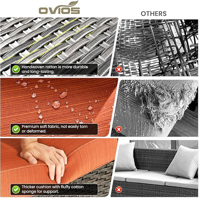 ovios 7 Pieces Patio Furniture Set, Outdoor Wicker Sofas with 4 Chairs, Ottomans and Comfy Cushions, All Weather High Back Couch Set for Deck Porch, Brown Rattan, Orange Red