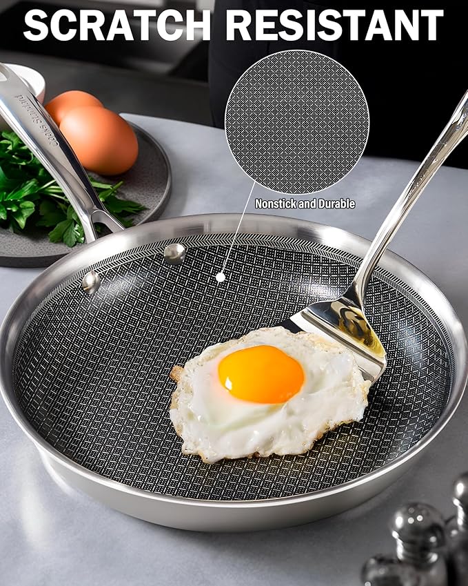 Cooks Standard Hybrid Nonstick Frying Pan Set, 8 and 10-Inch Multi-Ply Clad Stainless Steel 2 Piece Skillet with Tempered Glass Lids, Oven Safe, Compatible with All Stovetops