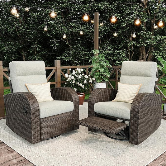 Outdoor Wicker Recliner Chair Set of 2 High Back Patio 360°Swivel Reclining Lounge Chair with 6-Inch Thick Cushion