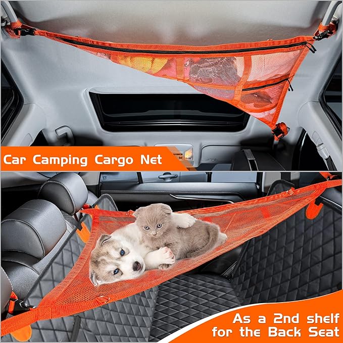 Kaskawise 3 Handles Car Ceiling Cargo Net for Inside Car Roof,Interior Mesh Storage,Truck SUV Travel Long Road Trip Camping Interior Accessories 35.4"x25.6",Orange