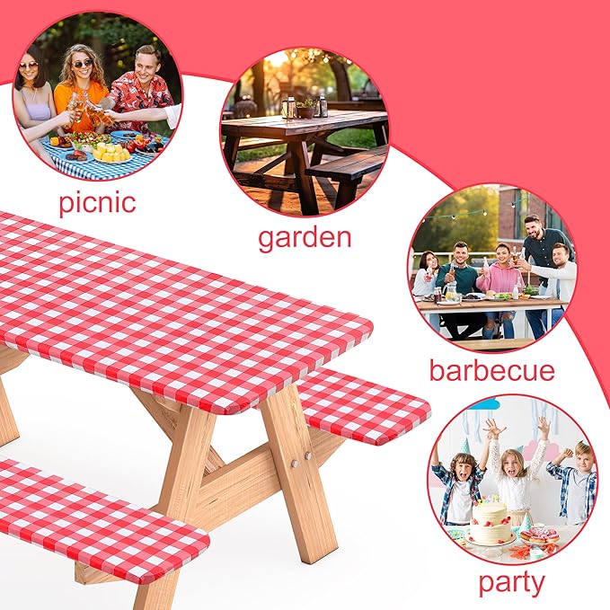 3 Pcs Set Fitted Picnic Table Cover with Bench Covers Vinyl Camping Table Cloth Flannel Backing for 6ft Tables Camping Outdoor (Red Checked, 30 x 72 Inches)