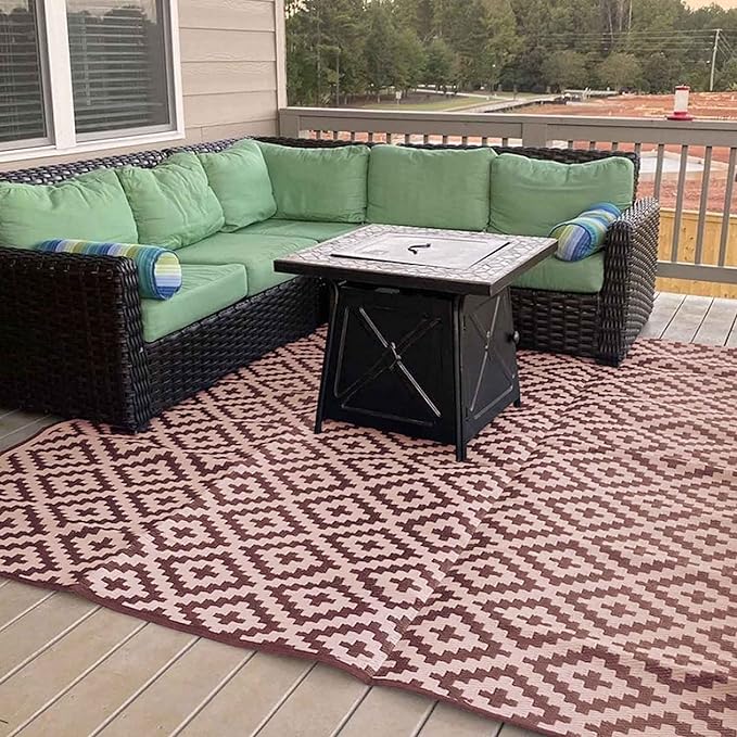 8x12 Brown & Tan Outdoor RV Mat with Carry Bag – Extra Thick 5mm Recycled Poly Rug – Waterproof, Reversible, Heavy-Duty – Premium Camping Mat for Patio, Deck (8' x 12', Brown Diamond)