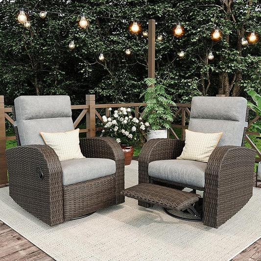 Outdoor Wicker Recliner Chair Set of 2 High Back Patio 360°Swivel Reclining Lounge Chair with 6-Inch Thick Cushion
