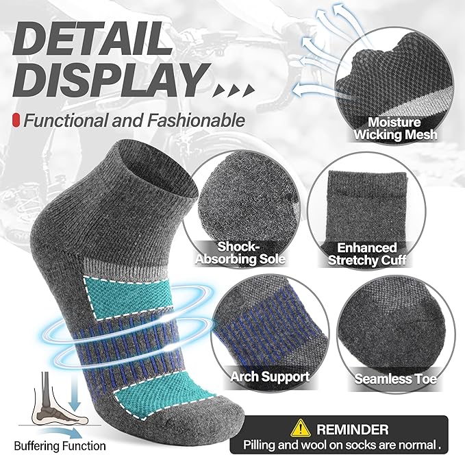 6 Pairs Merino Wool Ankle Running Hiking Socks Compression Support Breathable Thick Cushion No Show Socks for Women Men