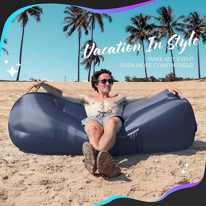Nevlers Inflatable Lounger | 210T Polyester Inflatable Chair | No-Pump Blow Up Couch | Camping Couch Air Sofa Bed w/ 450 lbs. Cap., Pockets & Matching Bag | Use as Inflatable Couch for Adults & Kids