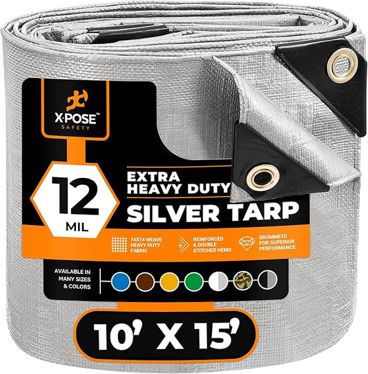 Heavy Duty Silver Poly Tarp 10' X 15' - Multipurpose Protective Cover - Durable, Waterproof, Weather Proof, Rip and Tear Resistant - Extra Thick 12 Mil Polyethylene - by Xpose Safety