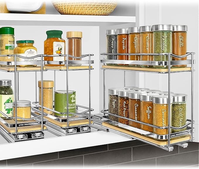 LYNK PROFESSIONAL® Élite™ Pull Out Spice Rack Organizer for Inside Kitchen Cabinets - 4-1/4 inch Wide - Slide Out Drawer – Wood/Chrome Sliding Spice Cabinet Organization Shelf Racks - 2 Tier