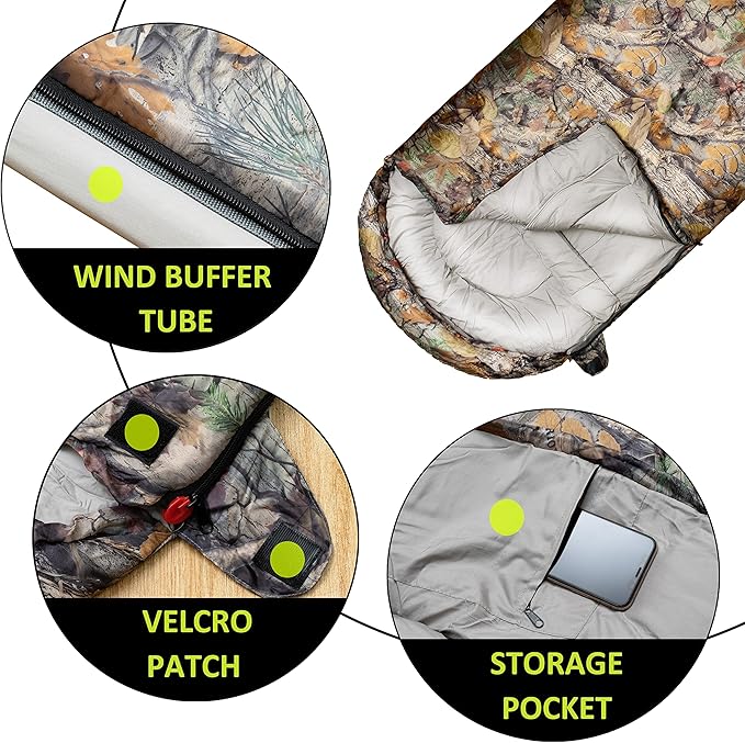 0 Degree Winter Sleeping Bags for Adults Camping (450GSM) - Temp Range (5F–32F) Portable Waterproof Compression Sack- Camping Sleeping Bags for Big and Tall in Env Hoodie: Backpacking Hiking 4 Season