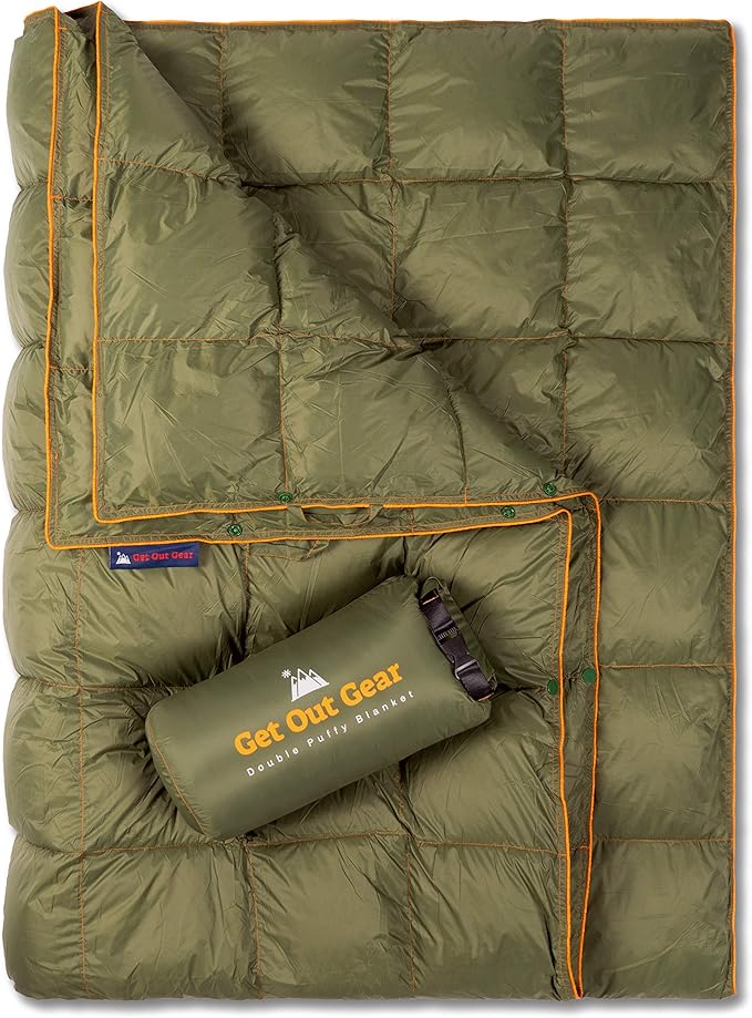 Double Puffy Camping Blanket - Extra Puffy, Packable, Lightweight and Warm | Ideal for Outdoors, Travel, Stadium, Festivals, Beach, Hammock | Water-Resistant Camp Quilt (Olive/Orange)
