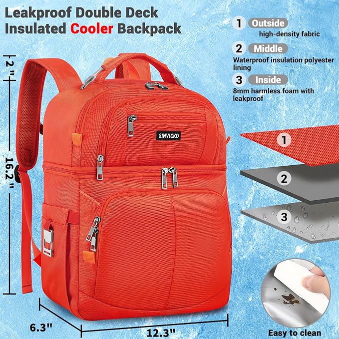Insulated Cooler Backpack,Double Deck Leakproof Cooler Bag,Insulated Backpack Cooler Lunch Backpack for Men Women