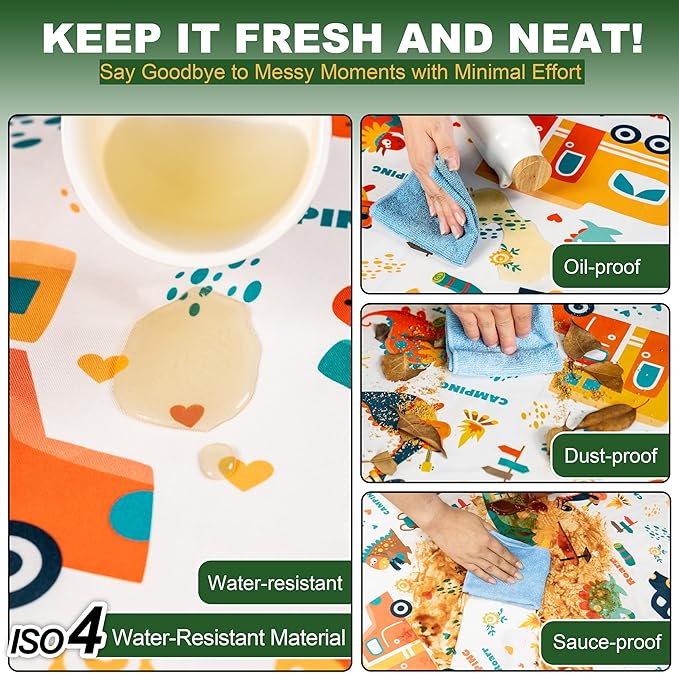 72 X 30 Inch Elastic Fitted Camping Table Cover with Bench Covers & Storage Bag, Picnic Tablecloth, Fits 6ft Picnic Tables, Polyester, Washable, Spill Resistant, Waterproof - Dino