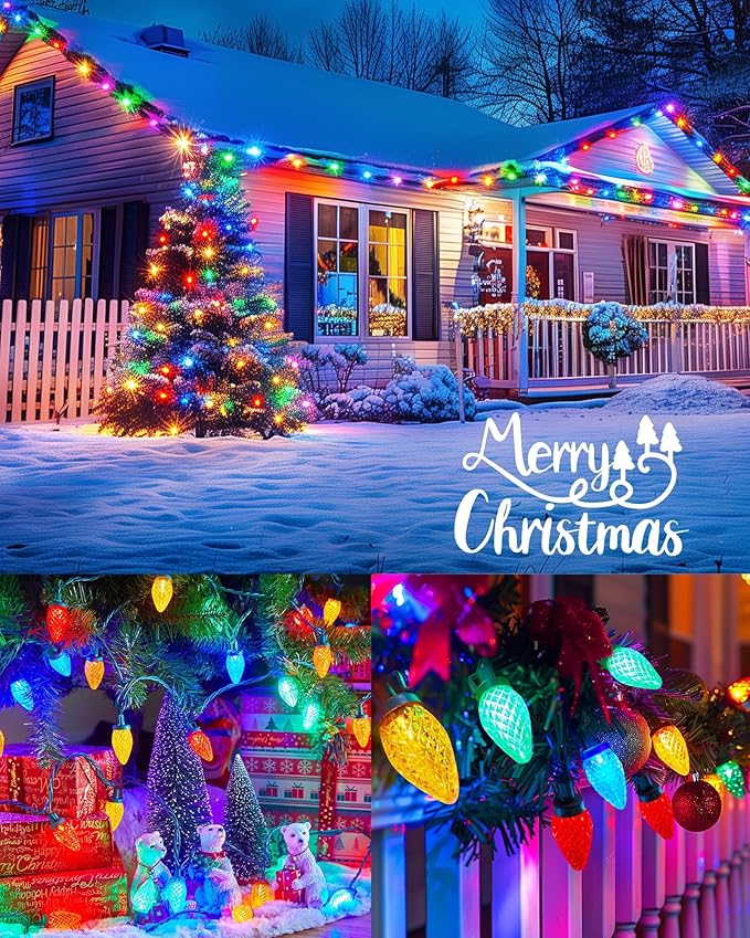 C9 LED Christmas Lights Outdoor, 81 Feet 100 LED String Light with Timer & 8 Lighting Mode, Waterproof Commercial Grade Christmas Tree Lights for Outside Indoor Roofline Patio, Multicolor