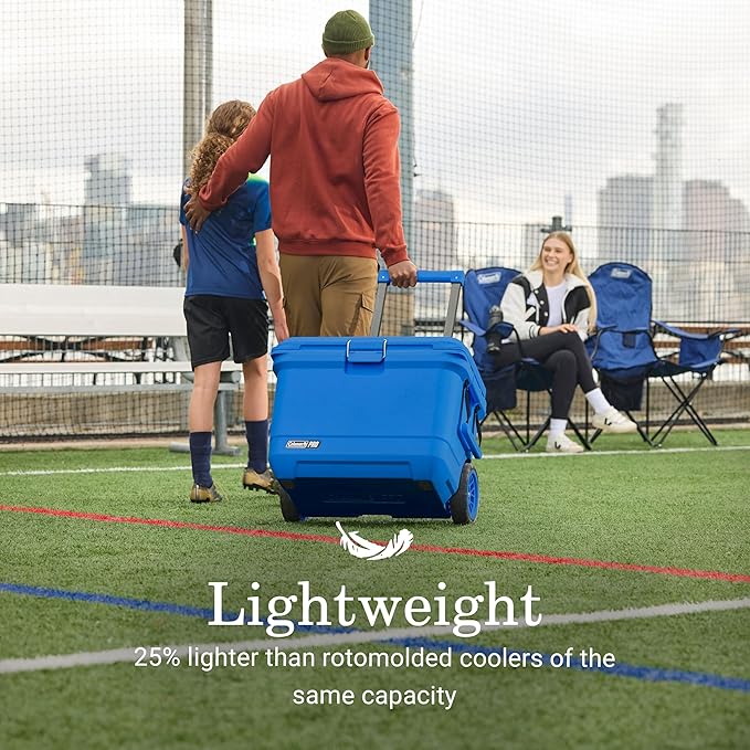 Coleman Pro Heavy-Duty 55qt Wheeled Ultra-Light Premium Hard Cooler, Extra-Thick Insulation Keeps Ice up to 5 Days, 92-Can Capacity, Heavy-Duty Wheels