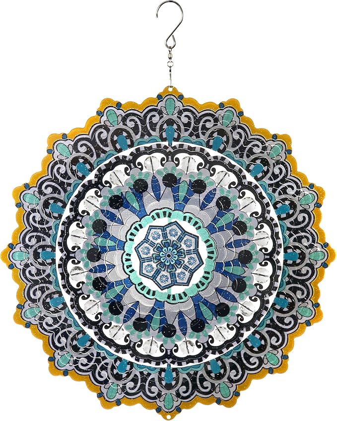 Exhart Wind Spinner, Blue and Black Mandala Hanging Wind Sculpture, 3D Laser Cut Patterns with Bead Details, Metal Outdoor Garden Decoration, Multicolor Lawn and Yard Art, 12 Inch