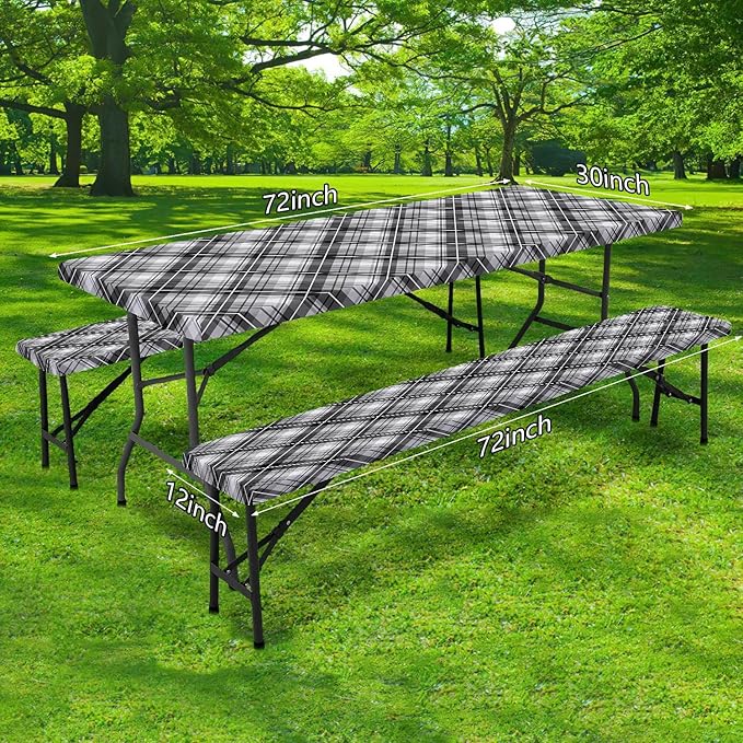 DYNH 3 Pcs Picnic Table Cover with Bench Covers, Waterproof Reusable Elastic Fitted Rectangle Picnic Table Cloths,30x60IN Black Plaid Picnic Tablecloth for Camping Patio Travel Outdoor