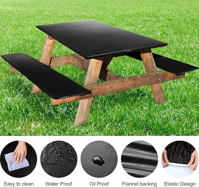 3 Pcs Picnic Table and Bench Fitted Tablecloth Cover for 6 Ft Table 30 x 72 Inch Vinyl Fitted Elastic Edges Waterproof Wipeable Tablecloth for Indoor Outdoor Travel Picnics Patio Camping (Black)