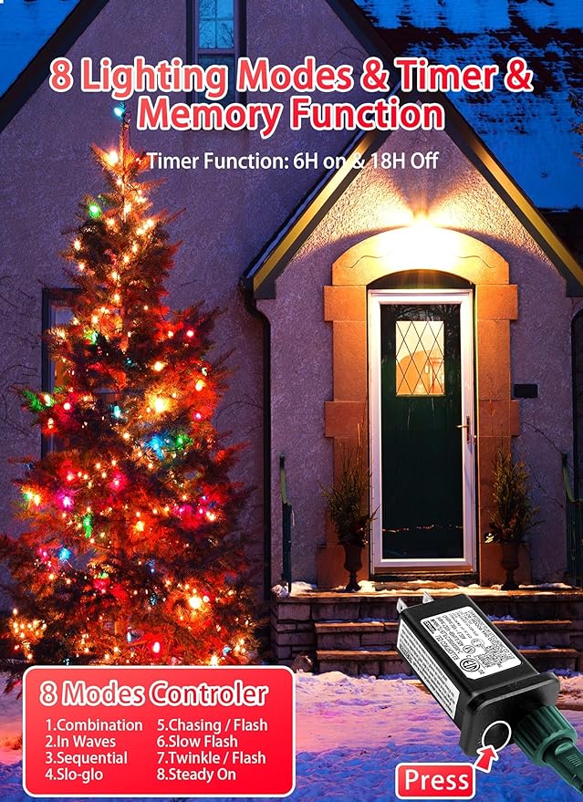 C9 LED Christmas Lights Outdoor, 81 Feet 100 LED String Light with Timer & 8 Lighting Mode, Waterproof Commercial Grade Christmas Tree Lights for Outside Indoor Roofline Patio, Multicolor