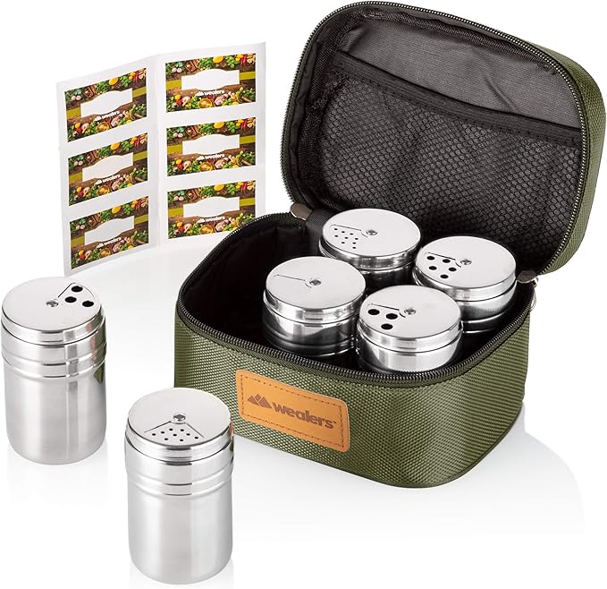 Wealers 6 Piece Stainless Steel Spice Shaker Jars Salt and Pepper Holder BBQ Spice Herbs 3 Size Cover with Bag for East Travel, Great for Home or Outdoor Use,