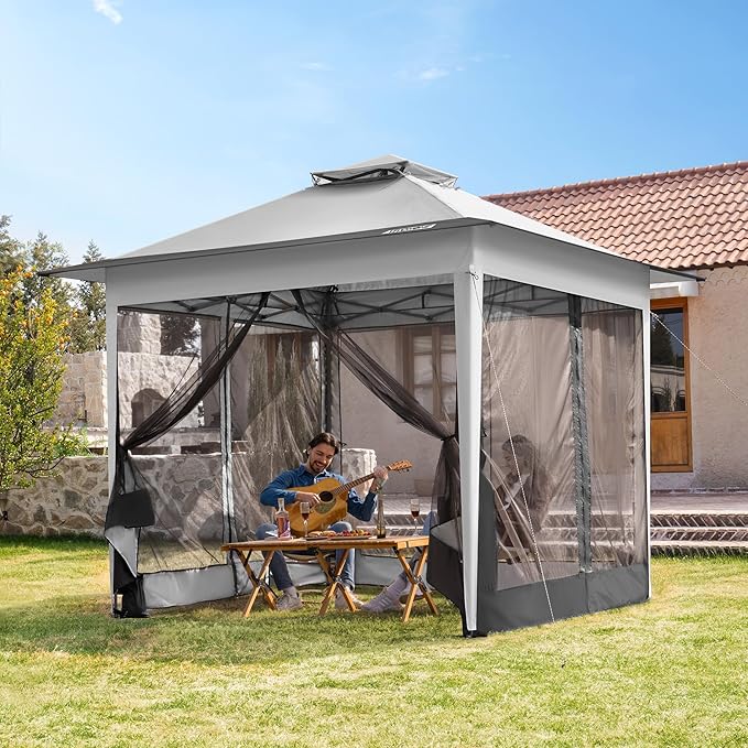 VIVOHOME Pop Up Gazebo 10x10ft Outdoor Canopy Tent with Mosquito Netting & 2 Tiers Roof for Patio Garden Backyard, Grey