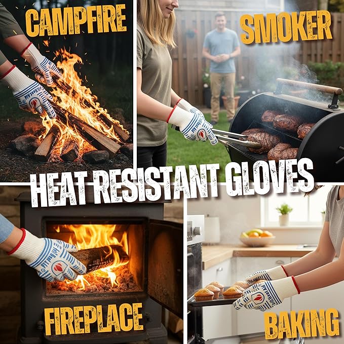 GRILL HEAT AID BBQ Grill Gloves Heat Proof for Grilling – Fireproof 1472°F Heat-Resistant Grill Mitts for Outdoor Barbecue and Smoker, Campfire, Fire Pit, Oven Glove with Fingers for Baking Pizza