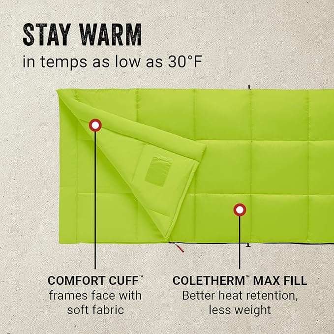 Coleman Kompact 20°F/30°F/40°F Sleeping Bag, Cool-Weather Adult Sleeping Bag with Heat Retention, Stuff Sack, & Snag-Free Zipper, Great for Camping, Sleepovers, Guests & More