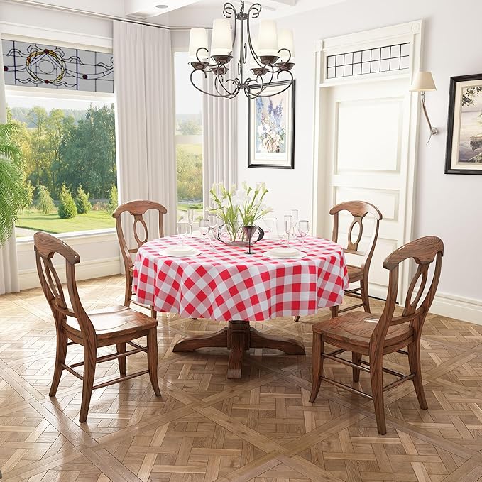 misaya Round Waterproof Vinyl Table Cloth, Buffalo Flannel Backed Tablecloth, Wipeable Plastic Table Cover for Dinner, Kitchen, Picnic (60", Red and White)