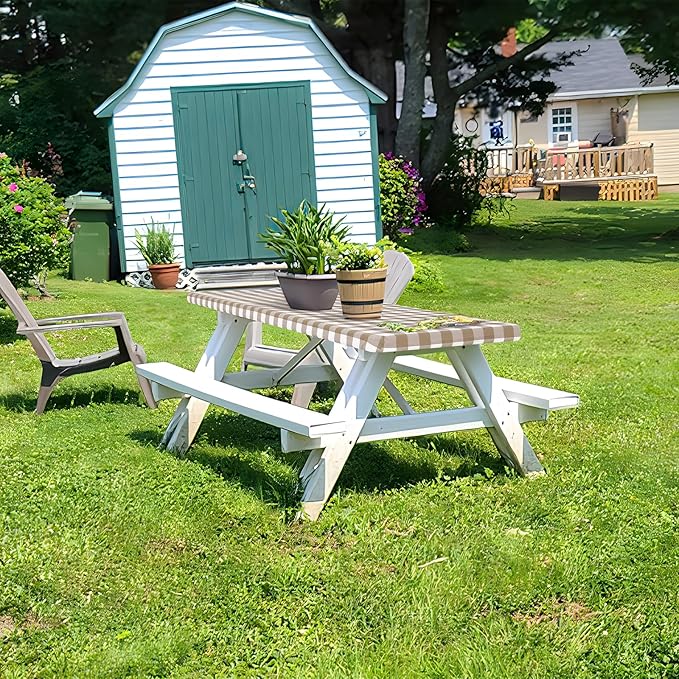 misaya Buffalo Rectangle Picnic Tablecloth, 6 Foot Elastic Fitted Vinyl Table Cloth with Flannel Backing, Waterproof Plaid Table Covers for Dining, Camping, Outdoor (Khaki and White, 30" x 72")