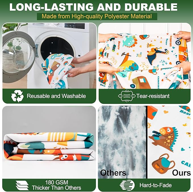 72 X 30 Inch Elastic Fitted Camping Table Cover with Bench Covers & Storage Bag, Picnic Tablecloth, Fits 6ft Picnic Tables, Polyester, Washable, Spill Resistant, Waterproof - Dino