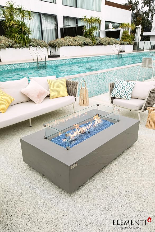 Elementi+ | Bundle Meteora Gas Fire Pit Cast Concrete 56" Rectangular Fire Table, Outdoor Fire Pit Electronic Ignition | Canvas Cover, Fire Glass and Burner Lid Included | Light Gray | Natural Gas