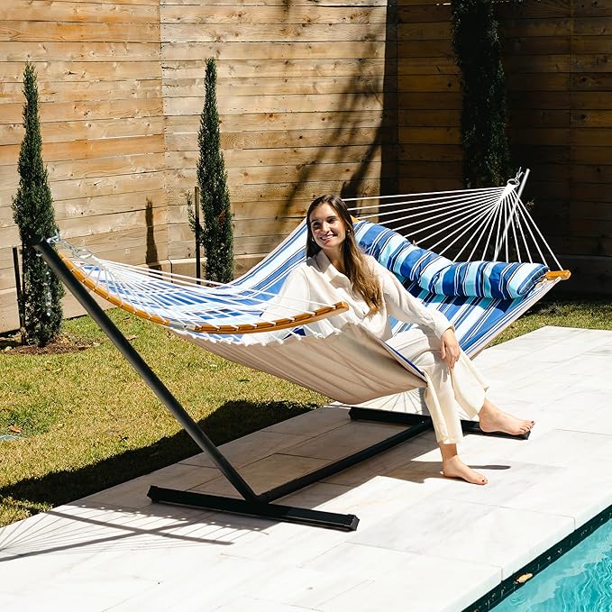 12 Ft Yard Hammock with Stand, 2 Person Hammock Freestanding with Curved Spreader Bar, Large Hammocks for Outside with Pillow and Portable Bag, Heavy Duty 450 lbs, Blue Stripes