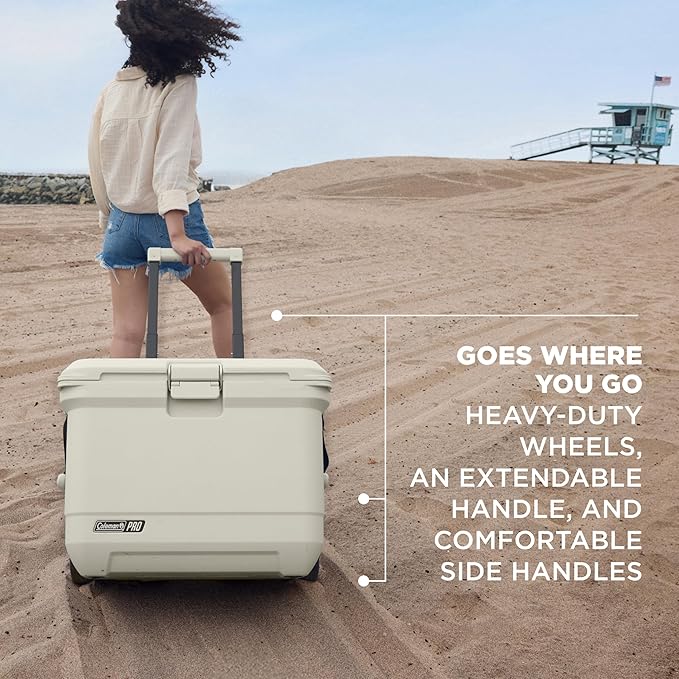 Coleman Pro Heavy-Duty, Desert Sand, 55qt Wheeled Ultra-Light Premium Hard Cooler, Extra-Thick Insulation Keeps Ice up to 5 Days, 92-Can Capacity, Heavy-Duty Wheels