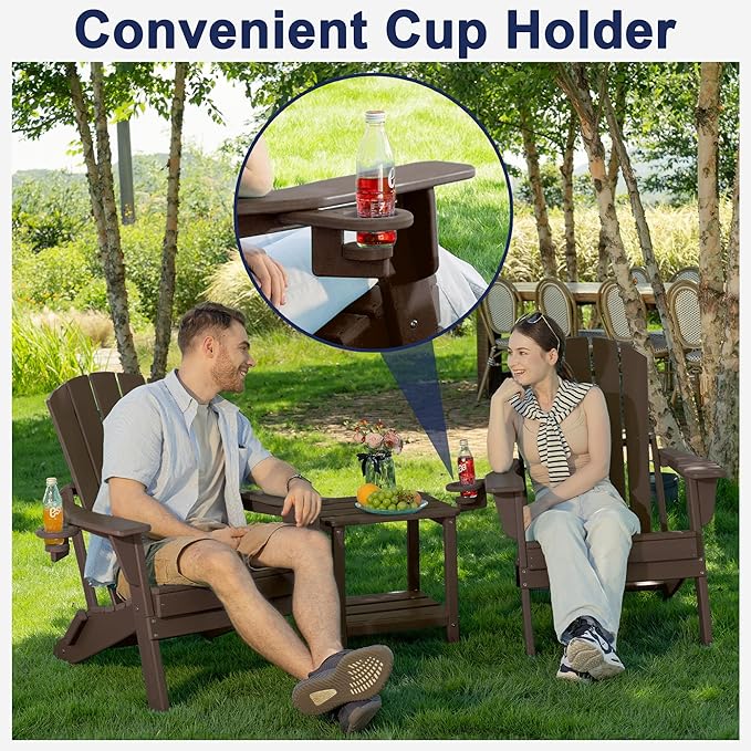 Folding Adirondack Chair, SGS Tested, Wooden Textured with Cup Holder, Heavy All-Weather HDPE Comfortable Set Poolside Backyard Lawn Coffee