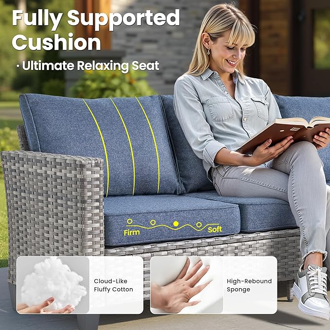 ovios 7 Pieces Patio Furniture Set with 42" Fire Pit Table, Outdoor Wicker Sofa with Swivel Chairs, All Weather High Back Rattan Couch Conversation Set, Denim Blue